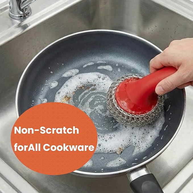 Cast Iron Scrubber with Long Handle | 316 Cast Iron Cleaner Chainmail Scrubber for Cast Iron Pan Skillet Cleaner - Dish Scouring Pad Dishwasher Safe Cleaning Kit (Red, 1 Scrubber + 1 Scraper)