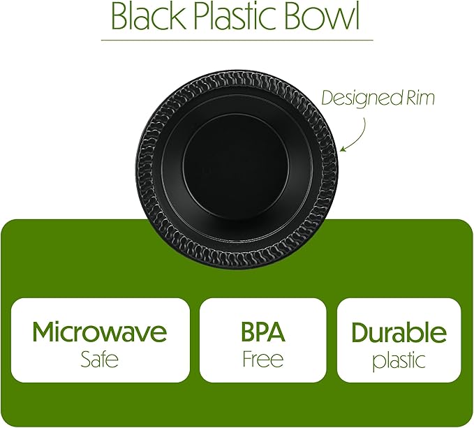 PLASTICPRO 100 PCS Black Plastic Bowls Light Weight 12 oz Plastic Soup Bowls Black Salad Plates Disposable for Party and Wedding