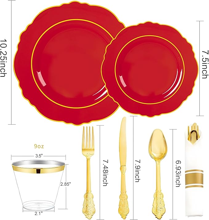 Liacere 350PCS Red Plastic Plates - Red Disposable Plates With Gold Rim - 50Guest Baroque Plastic Dinnerware include 100Plates-50Pack Pre Rolled Napkins with Silverware 50Cups for Wedding&Memorial day