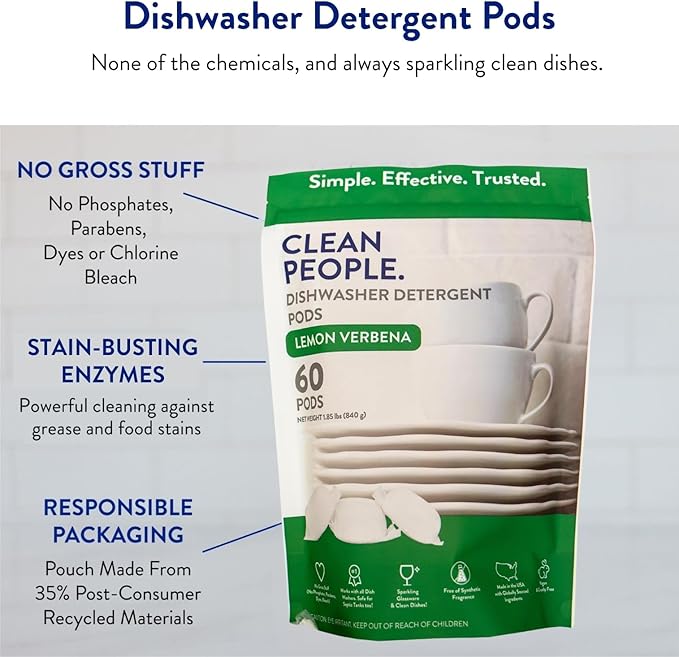 The Clean People Dishwasher Pods - Cuts Grease & Rinses Sparkling Clean - Residue-Free - Phosphate Free Dishwashing Pods (60 Count, Lemon Verbena)