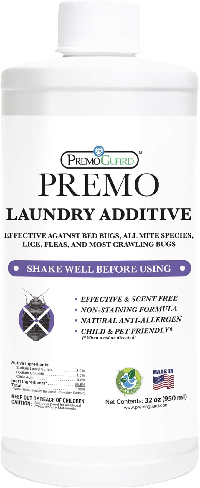 Bed Bug & Mite Laundry Detergent Additive By Premo Guard – 32 oz – Child & Pet Friendly – Stain & Odor Free – Best Natural Non-Toxin Treatment