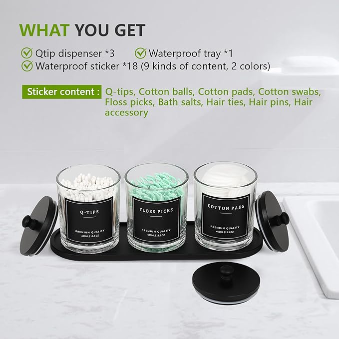 eggs sound 3 Pack Qtip Holder - Bathroom Organizers and Storage, Cotton Round Pad Holder Swab Dispenser Floss Pick Holder with Tray, Glass Apothecary Jars with Lids, Cotton Ball Container - Clear Bk