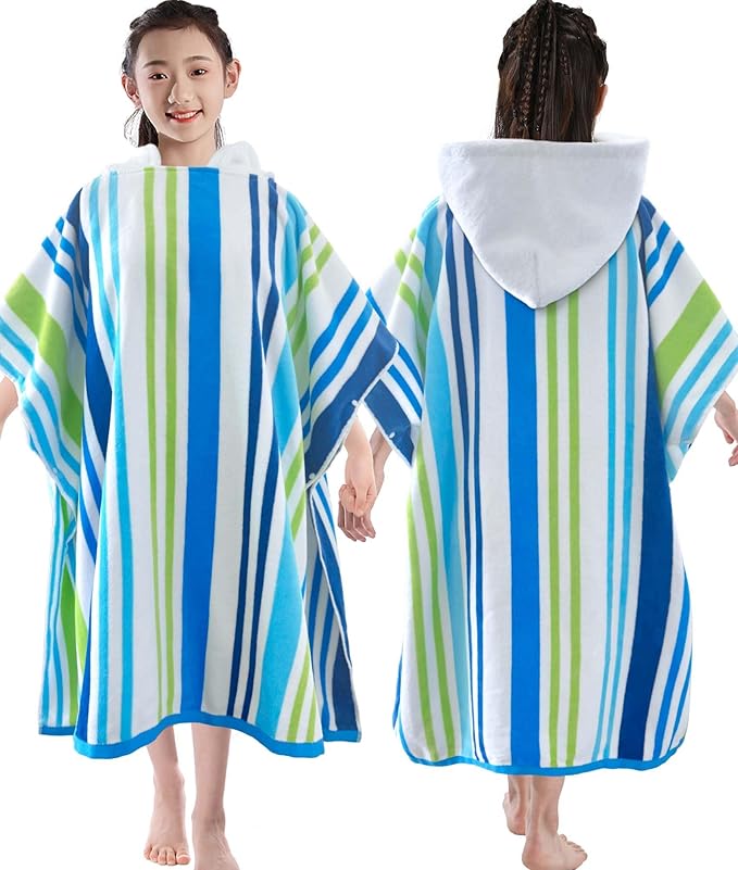VOOVA & MOVAS Hooded Poncho Towel for Teens Unisex 100% Cotton Vacation Ready Bold Beach Pool Swim Cover Up Blue Green Stripe