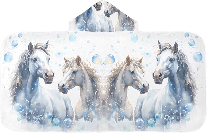 Hooded Towel for Kids Watercolor Horses Beach Wrap Bath Towels 50x23.5in