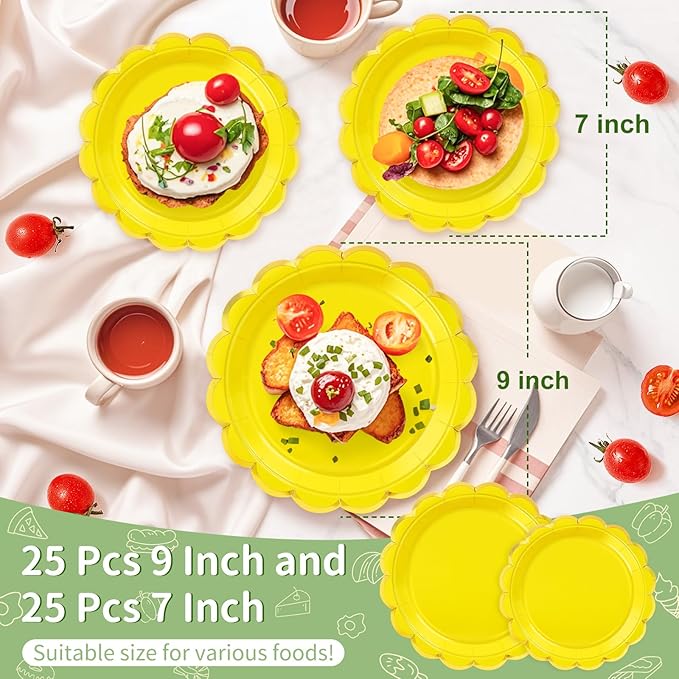 50 Pcs Yellow Paper Plates, 25 Pcs 9" and 25 Pcs 7" Disposable Yellow Scalloped Plates with Gold Foil for Graduation Wedding Baby Shower Birthday Party Picnic BBQ