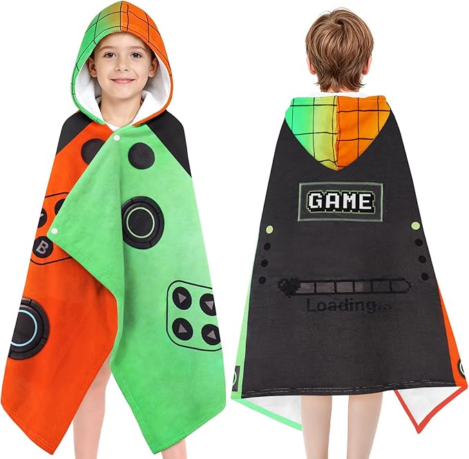 Hooded Towels for Kids - Superfine Fiber Video Game Gamepad Toddler Hood Bath Towels Beach Hooded Poncho Absorbent Pool Toddler Swim Bath Wrap for Boys & Girls 3-10 Years, 50 * 30 inches