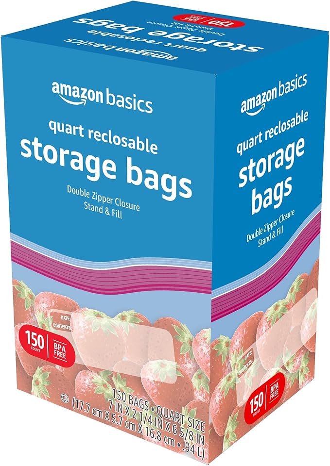 Amazon Basics Reclosable Quart Food Storage Bags with Double Zipper Seal, BPA Free, 150 Count (Pack of 2)