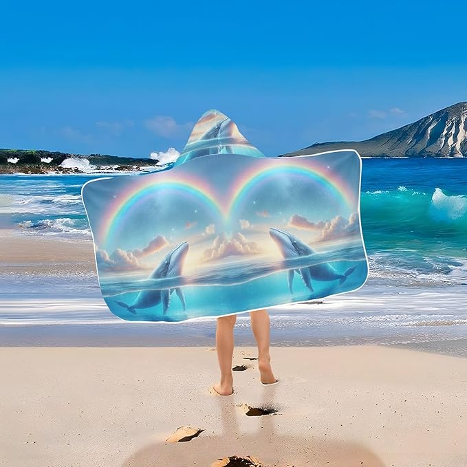 Hooded Towel for Kids Whale Under Rainbow Beach Wrap Bath Towels 50x23.5in