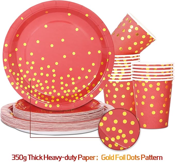 168Pcs Red and Gold Party Decorations, Red Plates and Napkins Party Supplies Serve 24, for Birthday Chinese New Year, Valentines, Mardi Gras