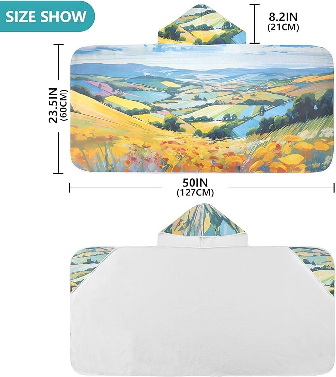 Hooded Towel for Kids Bright Colors Countryside View Beach Wrap Bath Towels 50x23.5in
