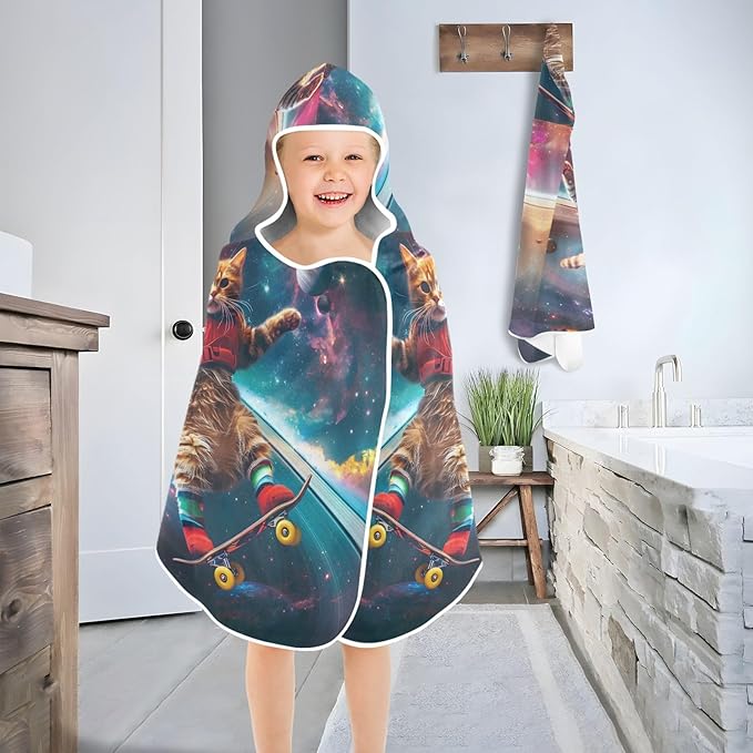 Hooded Towel for Kids Astronaut Cat Skateboard on Saturn's Rings Beach Wrap Bath Towels 50x23.5in