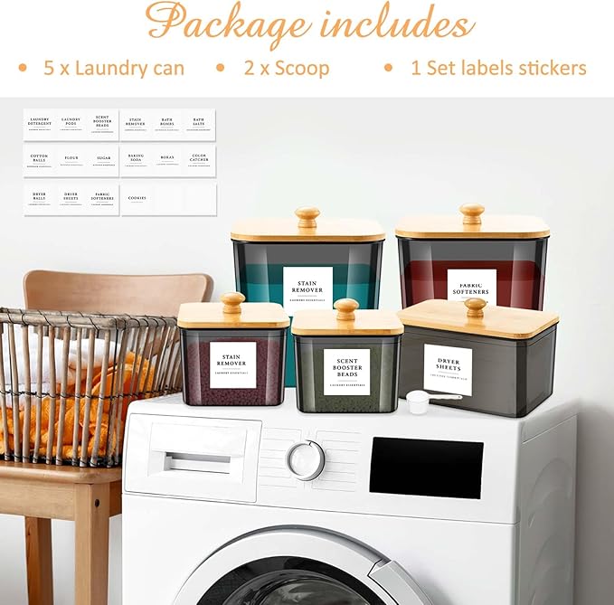Cinnvoice 5 Pcs 3 Sizes Laundry Powder Container Plastic Laundry Organizer and Storage Jars with Lids Scoops and Labels Laundry Detergent Storage for Laundry Room Organization