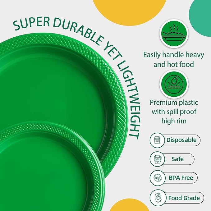 40 Pcs Green Plastic Plates for Graduation Party, Green Disposable Plates Heavy Duty, 20-9" and 20-7" Green Plates for Birthday Soccer Party