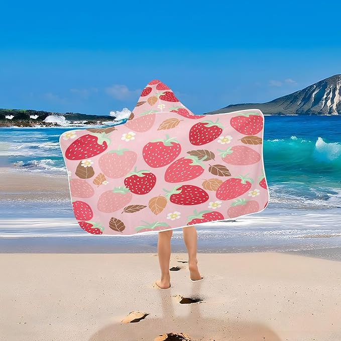 CEBUGI Strawberries Hooded Bath Towel for Kids Absorbent Soft Bath Towel Wrap with Hood 50x23.5in Pool Beach Shower Towel for Boys Girls