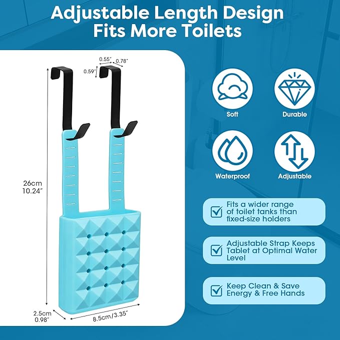Adjustable Toilet Tank Cleaning Tablet Holder-Hanging Silicone Basket Carrier with Rustproof Hooks for Bowl Cleaner & Bleach Tablet Case Pouch Organizer, Accessory Fit Up to 7" Water Level