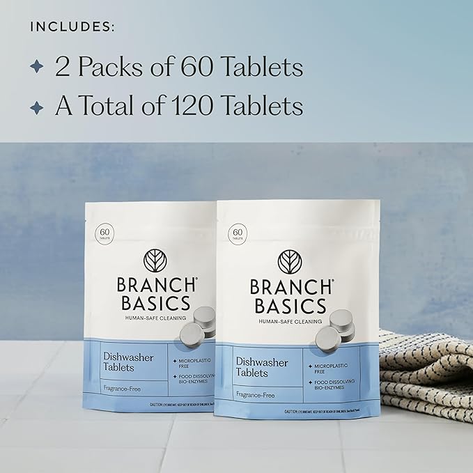 Branch Basics Dishwasher Tablets – 120 Ct | Plastic-Free, Fragrance-Free, Human-Safe | Delivers a Powerful Clean Without Harsh Chemicals (60 Count, Pack of 2)