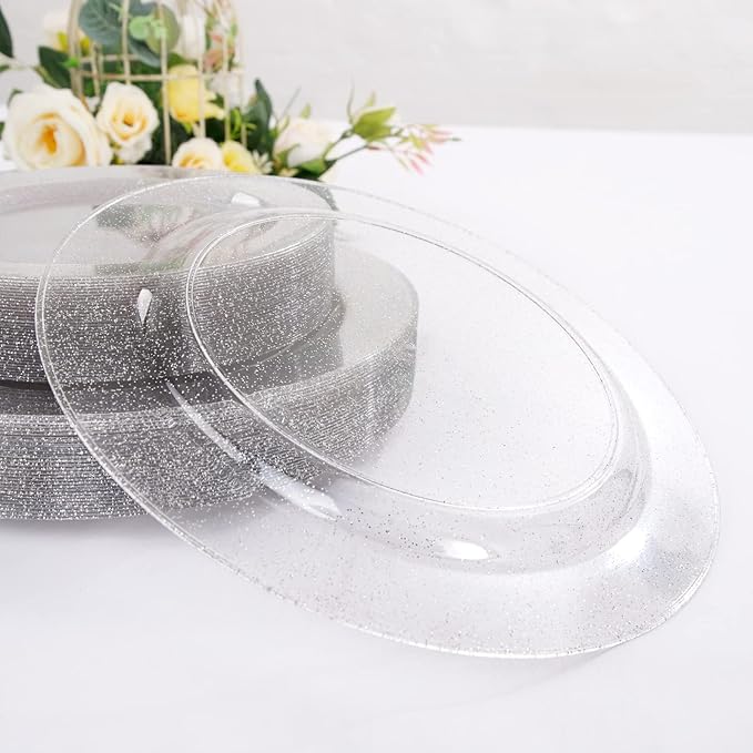 WDF 120PCS Silver Plastic Plates- Disposable Silver Glitter Plates, Premium Heavy Duty 60-10.25" Dinner Plates and 60-7.5" Salad Plates for Wedding Baby Shower Spring Birthday