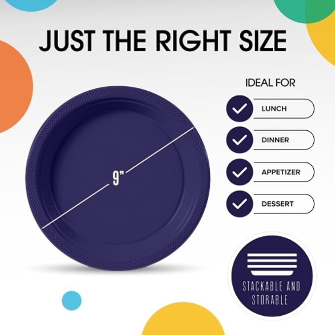 Exquisite Party Solids Deep Purple Plastic Plates For Party Supplies 9" Deep Purple Disposable Plates Heavy Duty 50 Pcs Plastic Dinnerware Sets Heavy Duty 350 GSM Disposable Dinnerware Set