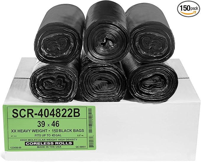 Aluf Plastics 45 Gallon 22 Micron (eq) Black Trash Bags - 39" x 46" - Pack of 150 - For Home, Office, & Bathroom