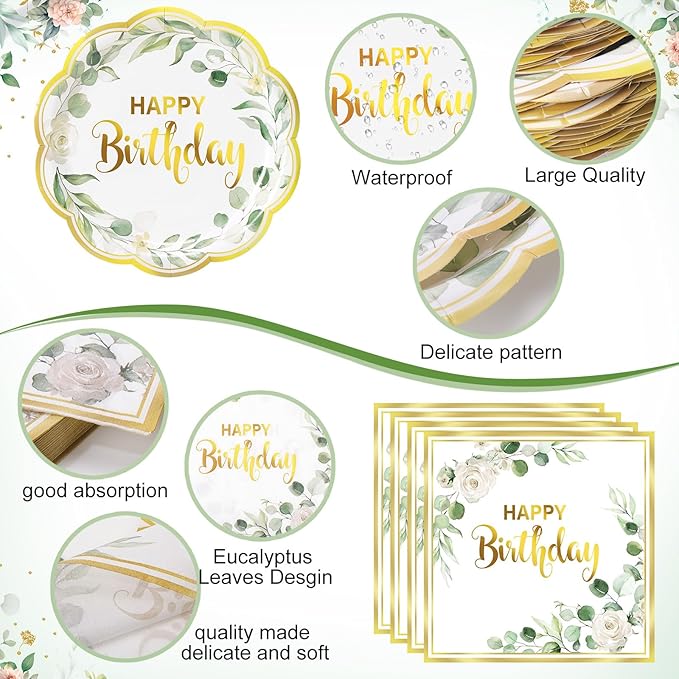 Pickmesh 400 Pcs Sage Green Birthday Plates and Napkins Set, Paper Plates and Cups with Plastic Cutlery, Disposable Tableware for Birthday Party and Celebrations