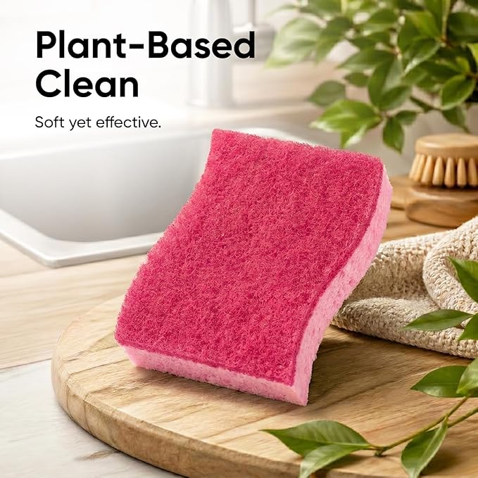 Non-Scratch Cellulose Sponge Kitchen Scrub Sponge with Scouring Pad Set, Good for Non-Stick Cookware Frying Pan, Pot, Counter Top, Sink Scrubbing, Kitchen Scrubbers, Pack of 1, Red/Pink