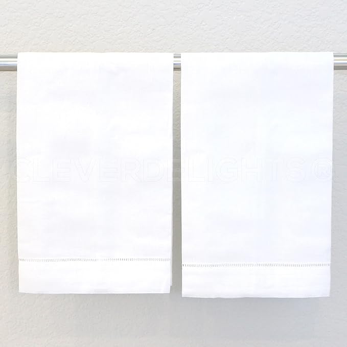 CleverDelights White Linen Hemstitched Hand Towels - 6 Pack - 14" x 22" - Fingertip Towel