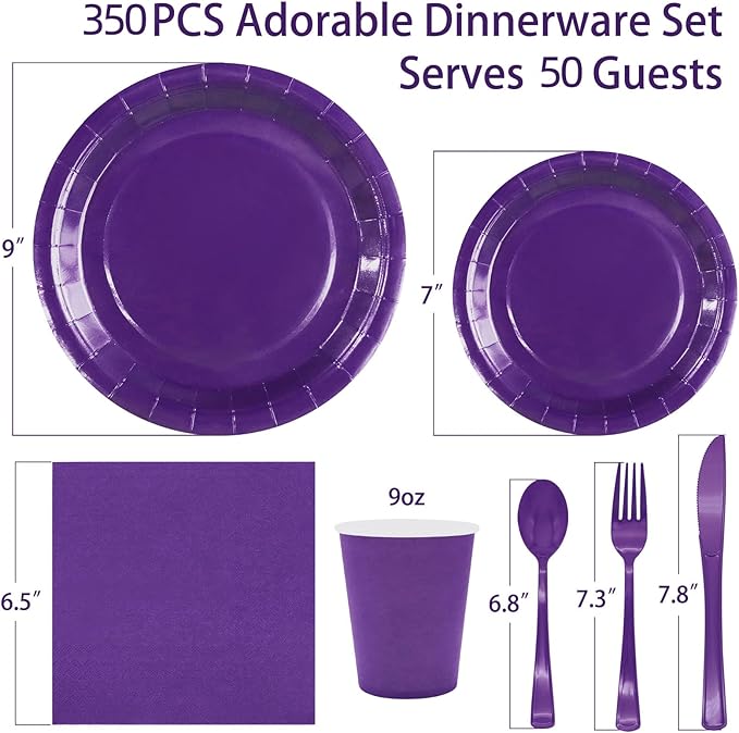 Purple Paper Plates Party Supplies,350pcs Purple Plates and Cups and Napkins Set for Mardi Gras Birthday Decorations for Women Srve 50