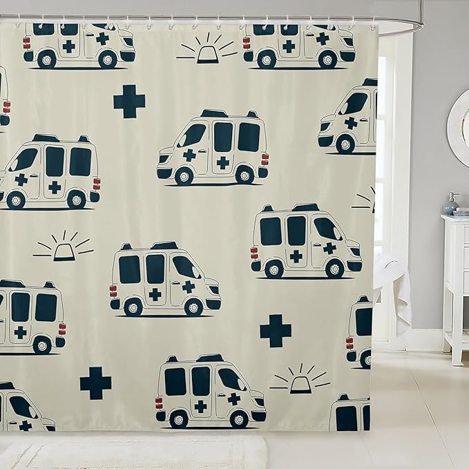 Feelyou Cartoon Ambulance Bath Curtain Car Shower Curtain Decor Car Bathroom Shower Curtain Set Polyester Emergency Responder Vehicles Beige Bathroom Accessories 72"x78"