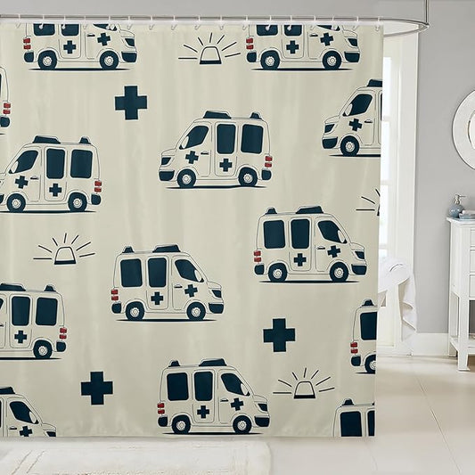 Feelyou Cartoon Ambulance Bath Curtain Car Shower Curtain Decor Car Bathroom Shower Curtain Set Polyester Emergency Responder Vehicles Beige Bathroom Accessories 72"x78"