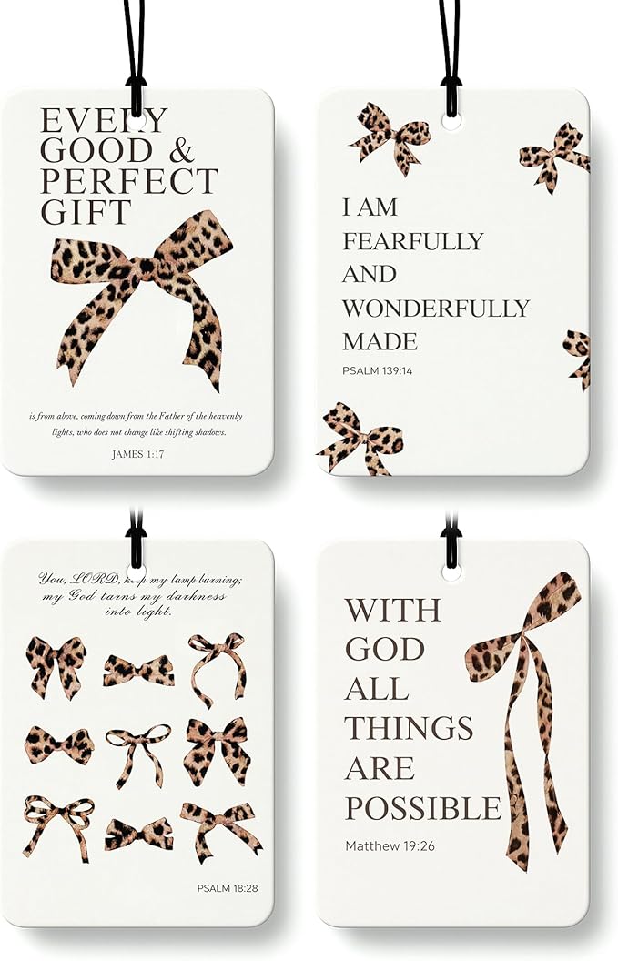Coquette Cheetah Bow Christian Orange Citrus Car Air Freshener 4pcs, Girly Preppy Y2k Leopard Bow Religious Bible Verse Hanging Scents Car Accessories Interior Mirror Decor for Women