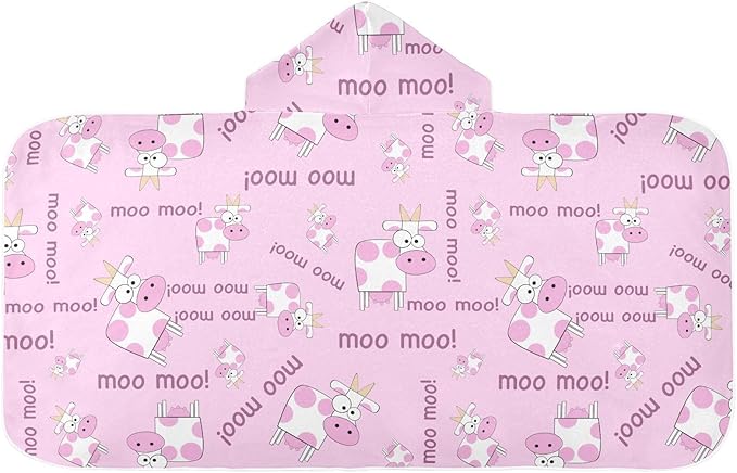 susiyo Kids Hooded Bath Towel Cow Cartoon Pink Beach Towel for Kids 23.5 x 50 Inch Microfiber Soft Absorbent Quick Dry Bath Swim Pool Towel Wrap Poncho Bathrobe with Hood for Kids Toddler