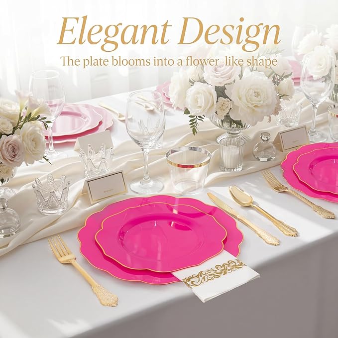 NOCCUR 175PCS Hot Pink Plastic Plates with Gold Disposable Silverware - Include 50 Hot Pink Plates,25 Knives,25 Forks,25 Spoons,25 Cups and 25 Napkins - Ideal for Party/Wedding/Banquet