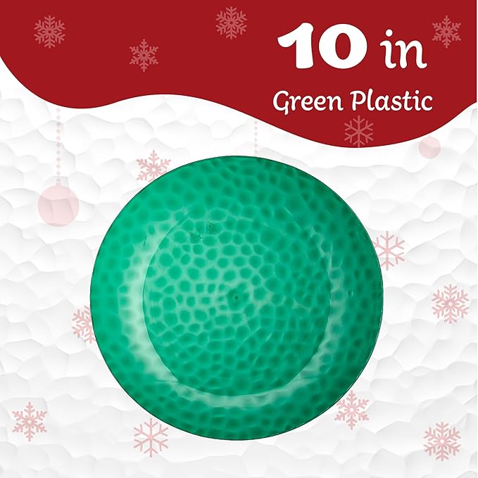PLASTICPRO 30 Pack Hammered Plastic Plates Heavyweight Disposable Plastic Plates Elegant Green Platsic Party Dishes (Hammered green Christmass, 10'' INCH PLATES)