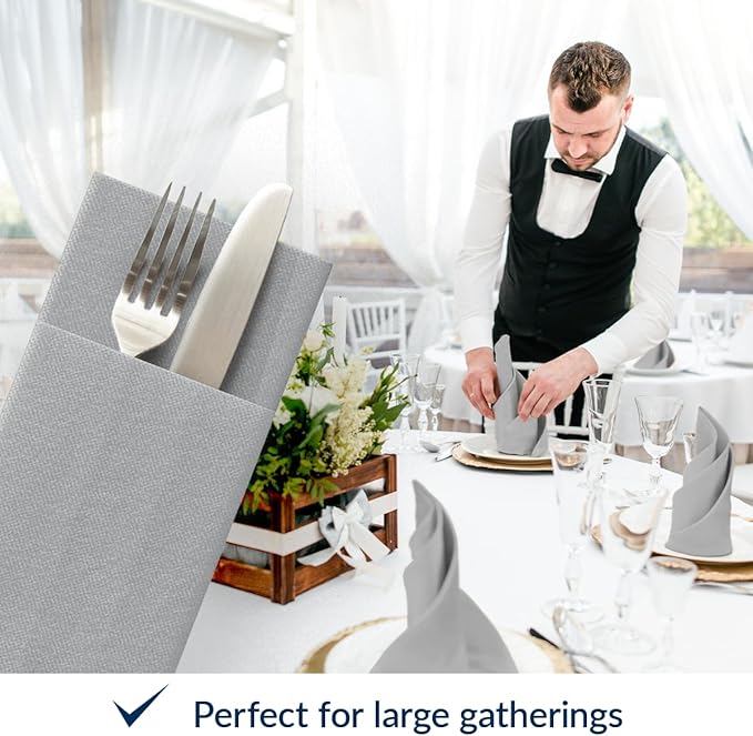 PAW - Linen Feel Napkins with Built-in Flatware Pocket, Airlaid Paper Pre-Folded Napkins for Silverware, Wedding Party, Dinner, Birthday, Gatherings, Monocolor Silver, 50 Count