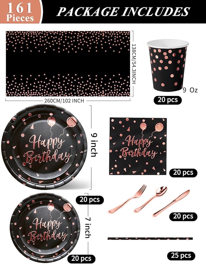 Nkaiso Birthday Party Tableware, 161 Pieces Black and Rosegold Party Supplies, Party Dinnerware Sets Include Paper Plates Napkins Cups Silverware, for Shower Engagement Parties Decoration -20 Serves