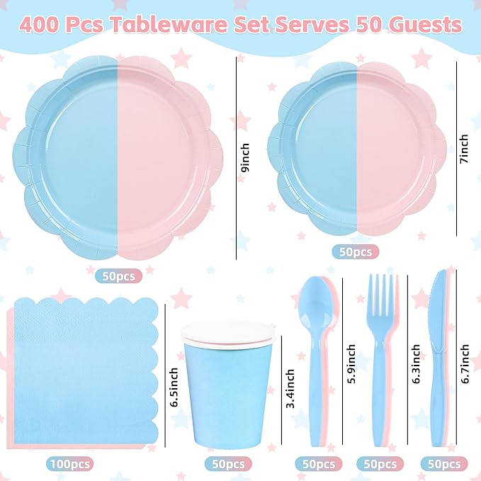 400 Pcs Baby Gender Reveal Plates and Napkins Set Party Supplies, Tableware set for 50 Guest include Pink and Blue Scalloped Plates Napkins Knives Forks Spoons Cups for Baby Shower Gender Reveal Party