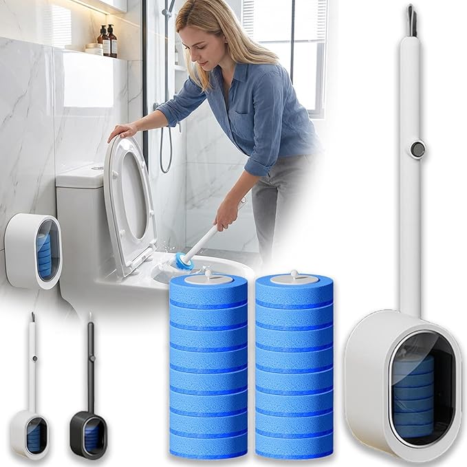 Disposable Toilet Bowl Cleaner Wand, Toilet Scrubber Kit with Self-Cleaning Disposable Pads – No Pre-Rinse (White+16Pcs Brush Heads)