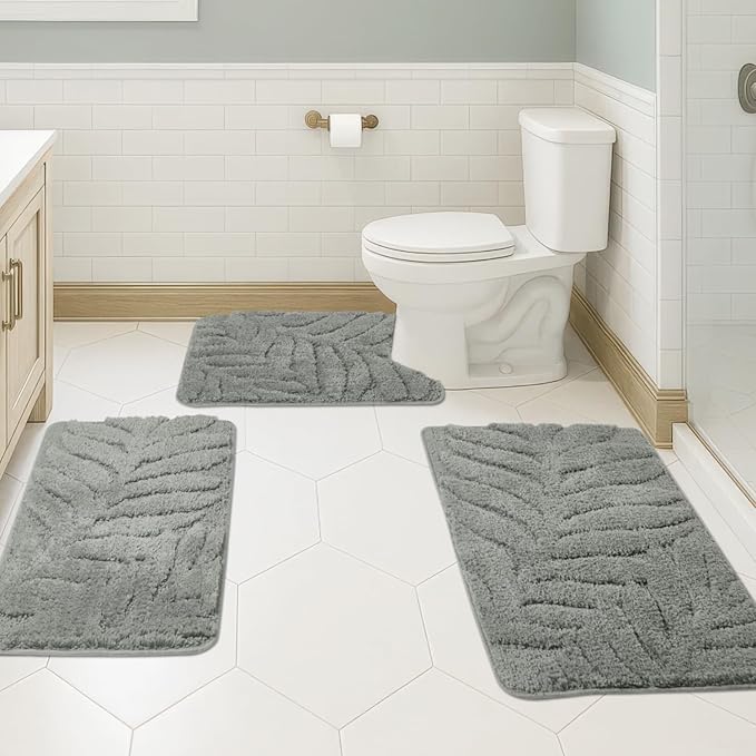 Bath Rugs Set 3 Pieces Bathroom Mat Soft Absorbent Plush Shaggy Soft Floor Non Slip Shower Bath Tub Machine Washable (Moss-Leaf, 20"x32"/20"x20"/17"x24")