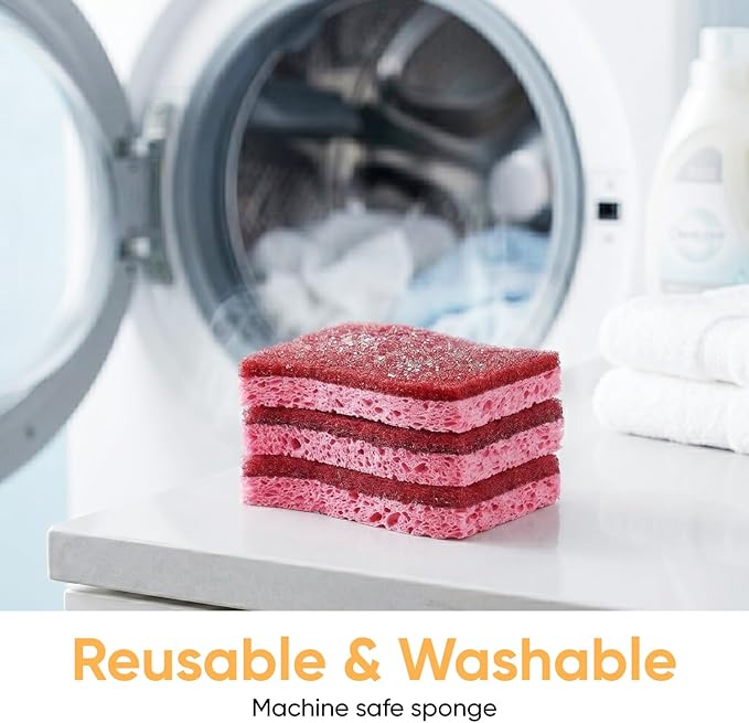 Superio Non-Scratch Cellulose Sponge Kitchen Scrub Sponges with Scouring Pad Set, Good for Non-Stick Cookware Frying Pan, Pot, Counter Top, Sink Scrubbing, Kitchen Scrubbers, Pack of 3, RedPink