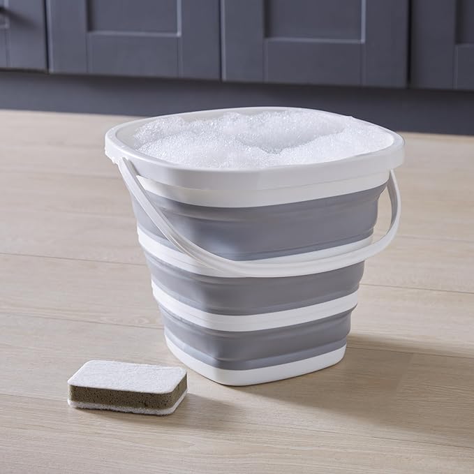 Simplify Square Bucket | Portable | Space Saver | Holds 10 Liters | Great for Cleaning | Boating | Camping Car Washing | Gardening | Cooler | White and Grey