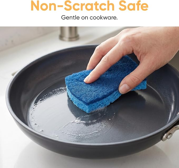 Superio Non-Scratch Cellulose Sponge Kitchen Scrub Sponges with Scouring Pad Set, Good for Non-Stick Cookware Frying Pan, Pot, Counter Top, Sink Scrubbing, Kitchen Scrubbers, Pack of 1, Blue