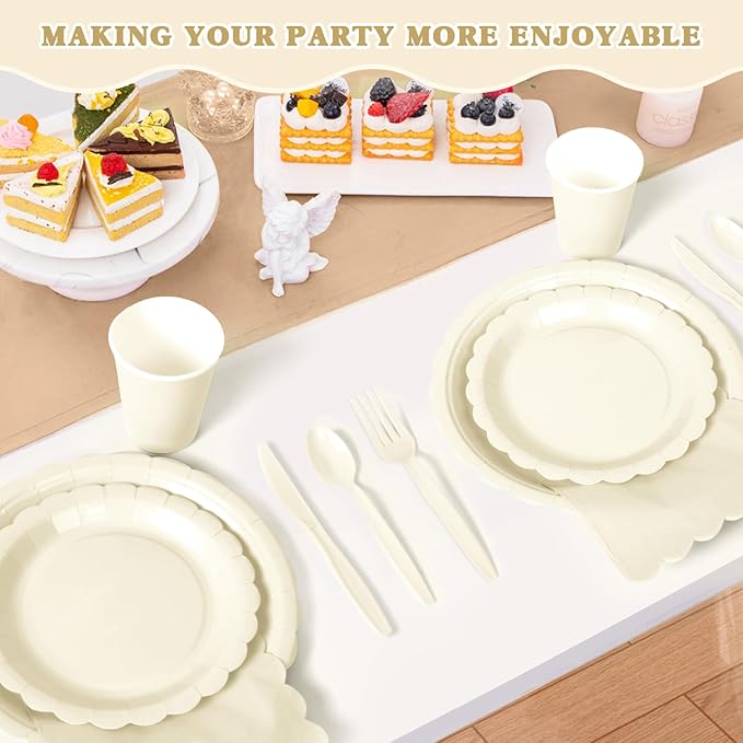 Vyntra 350 Pcs Ivory Disposable Paper Plates and Napkins Set for 50, 9" Dinner Plates & 7" Dessert Plates, Tableware for Wedding, Bridal Shower, Anniversary, Party