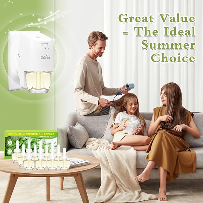Plug In Air Freshener Refills, 12 Pack Citronella Scented Oil, Summer Fresh Aroma, Compatible with Air Wick & Glade, Not for Glade Plus, Home Fragrance 7.92 Fl Oz for Indoor, Backyard, Hallway