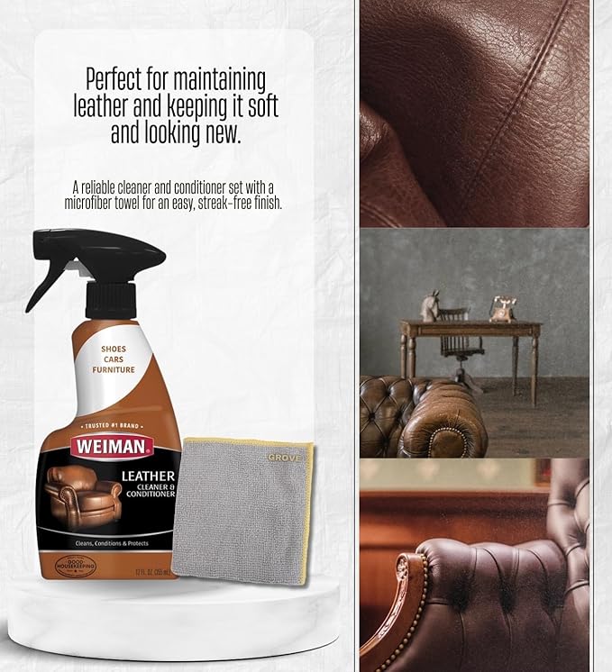 4x Weiman Leather Cleaner and Conditioner 12 oz Bundle with Microfiber Auto Cleaning Cloth – Moisturizes, restores, and protects leather furniture, car interiors, and accessories – Gift Set (5 Items)