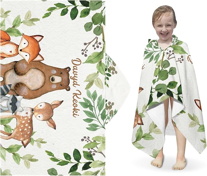 Safari Animals Bear Deer Personalized Kids Hooded Towel with Name Soft Absorbent Beach Pool Bath Towels Hood Poncho for Boys Girls