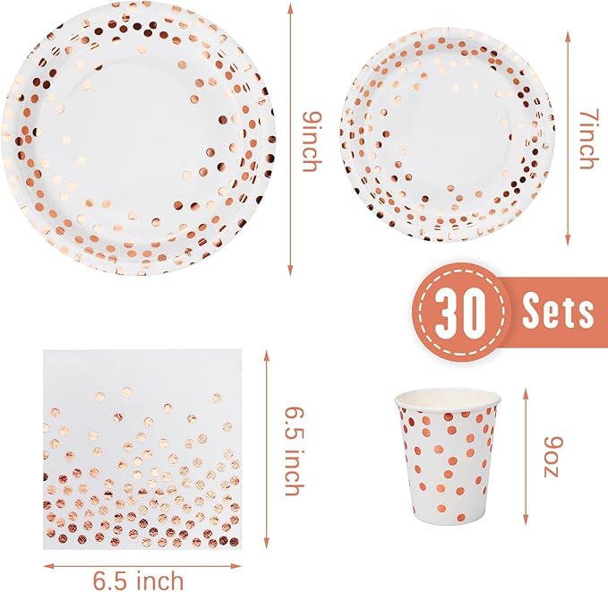 Lzerking Party Supplies Set - 210 Pieces of White and Rose Gold Dot Wedding Paper Plates, Cups, Napkins, and Heavy Duty Silverware for 30 Guests for Birthdays, Graduation, Festivals