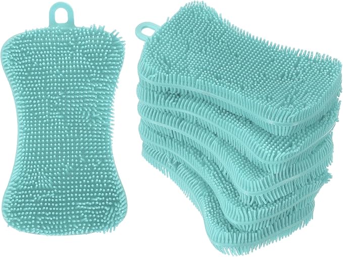 uxcell Silicone Dish Scrubber, 6 Pack Reusable Dishes Sponges Silicone Sponges Double Design for Kitchen Bathroom Cleaning Gadgets Accessories Countertop Cookware Pots Pans, Grey Green