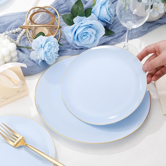 PULOTE 100PCS Blue Plastic Plates - Disposable Light Blue Include 50 Dinner & 50 Dessert/Salad Plates for Party, Wedding & Birthday