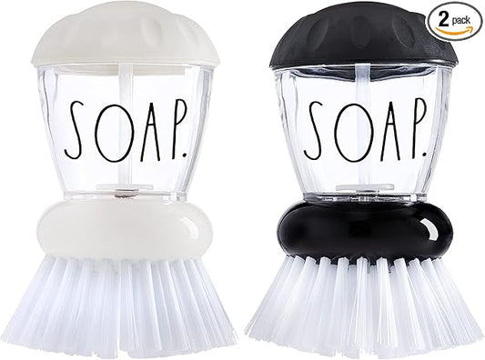Rae Dunn Collection Soap Dispensing Dish Brush Set - Set of 2 Palm Brush Dish Scrubber with 2 Replacement Brush Heads