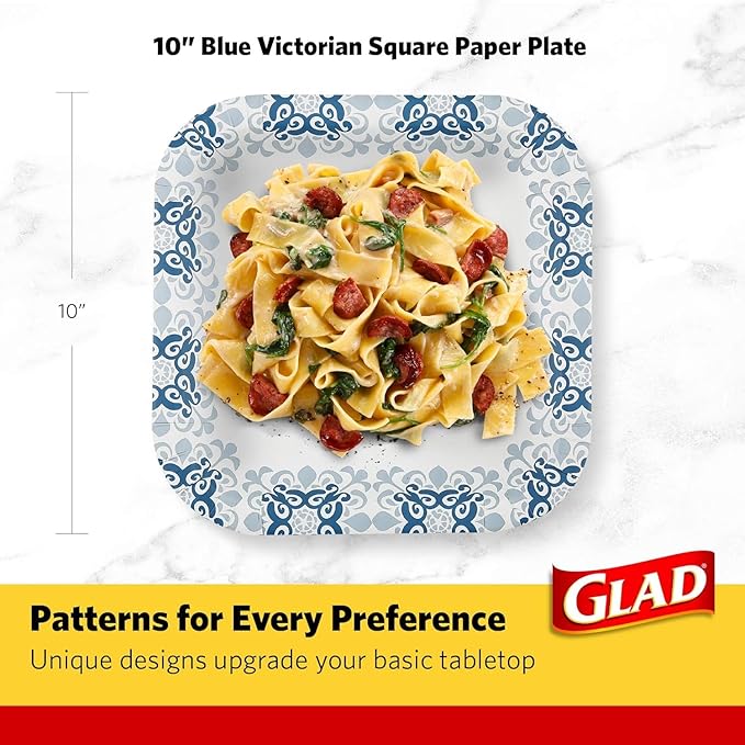 Glad Square Heavy Duty Paper Plates, Soak Proof and Cut Proof Disposable Plates for Parties and Everyday Meals, Microwaveable for Easy Serving, Blue Victorian Pattern, 10 Inch, 50 Count - 12 Pack